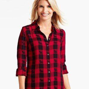 Talbots Women Top Size Medium Petite Plaid Dog Printed Roll Tab